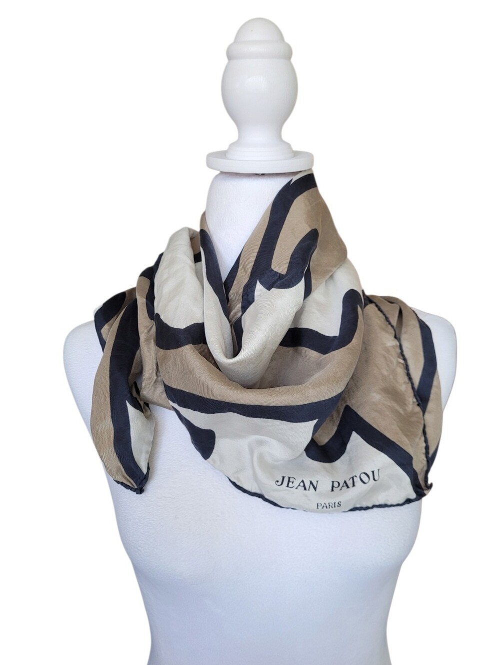 Vintage Jean Patou Silk Scarf Old Money Aesthetic Navy Cream Tan